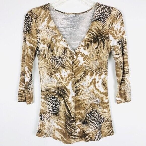 Three Dots Knot Front Snake Print Top 3/4 Sleeves S Brown V-Neck - Picture 1 of 7